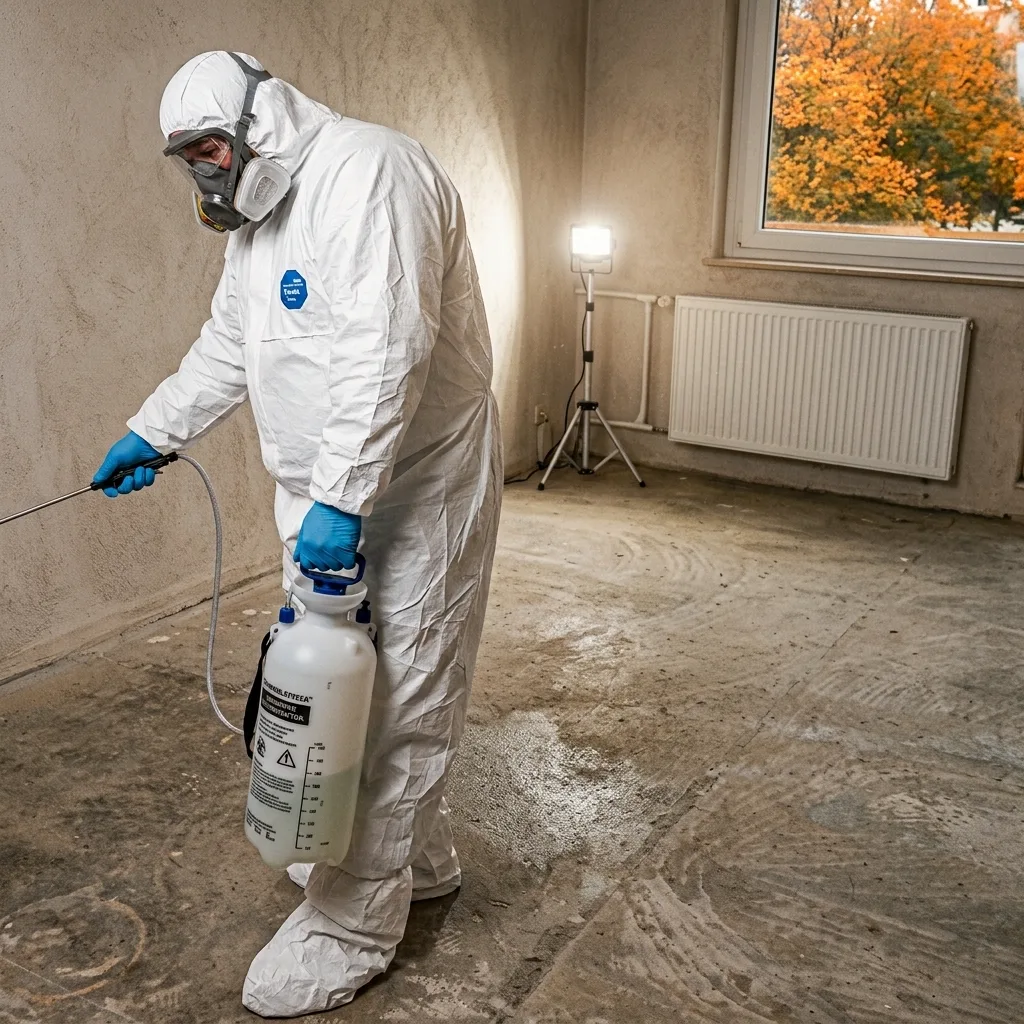 Mitarbeiter in Schutzanzug und Atemschutz in einem stark vermüllten Raum